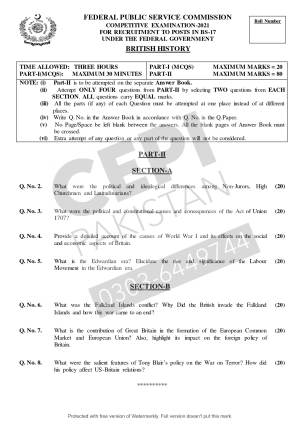 First page of CSS Past Papers British History 2021