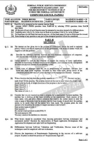 First page of CSS Past Papers Computer Science Paper I 2017
