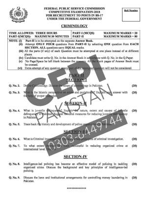 First page of CSS Past Papers Criminology 2018