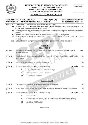 First page of CSS Past Papers Islamic History and Culture 2019