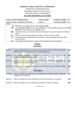 First page of CSS Past Papers Islamic History & Culture 2023