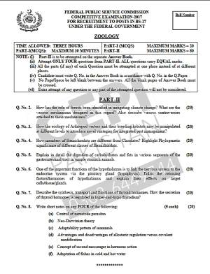 First page of CSS Past Papers Zoology 2017
